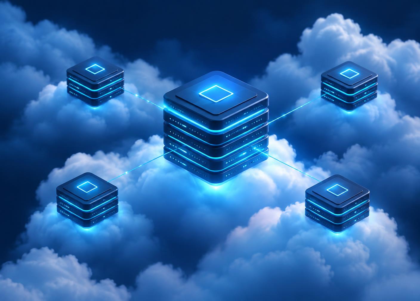 Illustration of glowing server units connected above clouds